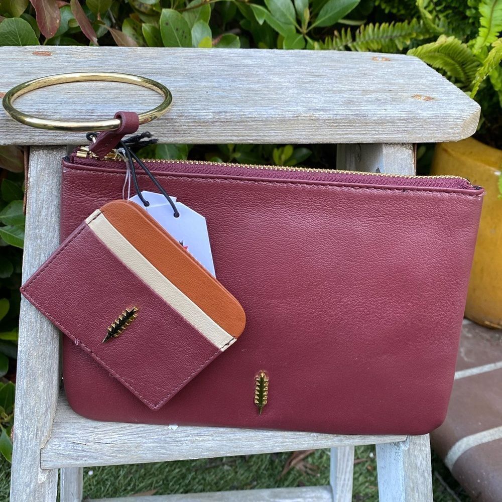 Thacker NY Gia Ring Leather Pouch and Card/ID Holder Burgundy/Rust/Cream NWT